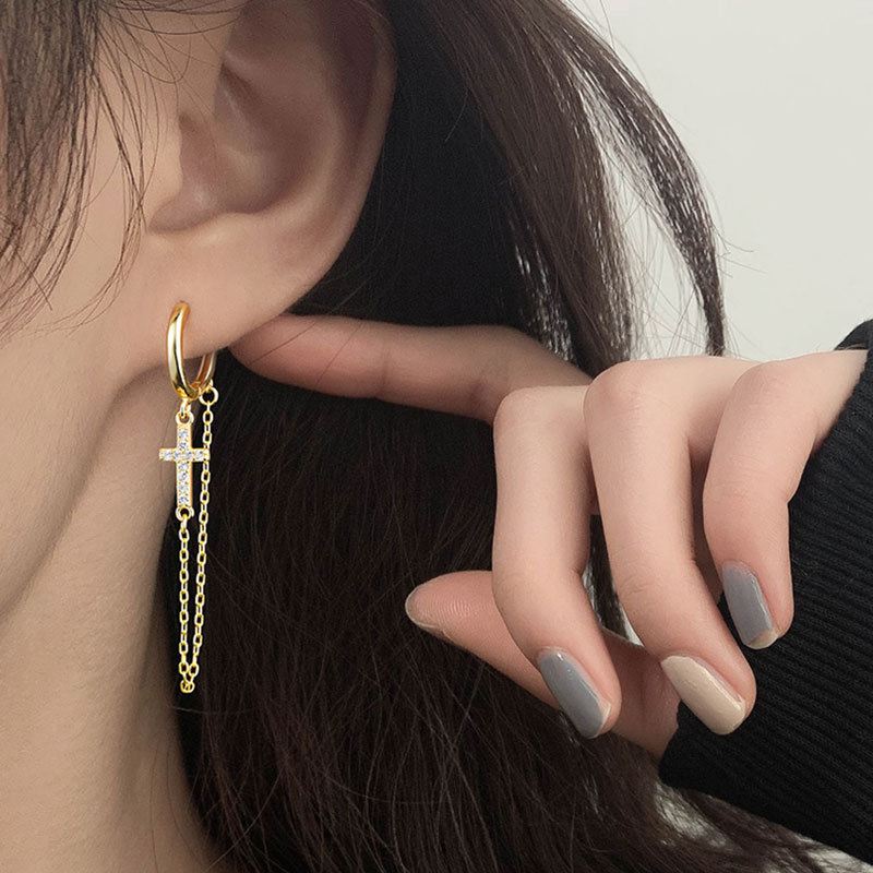 "Jesufira" - 925 Sterling Silber Hängeohrringe mit CZ-Kreuz und eleganten Tasseln, vergoldet