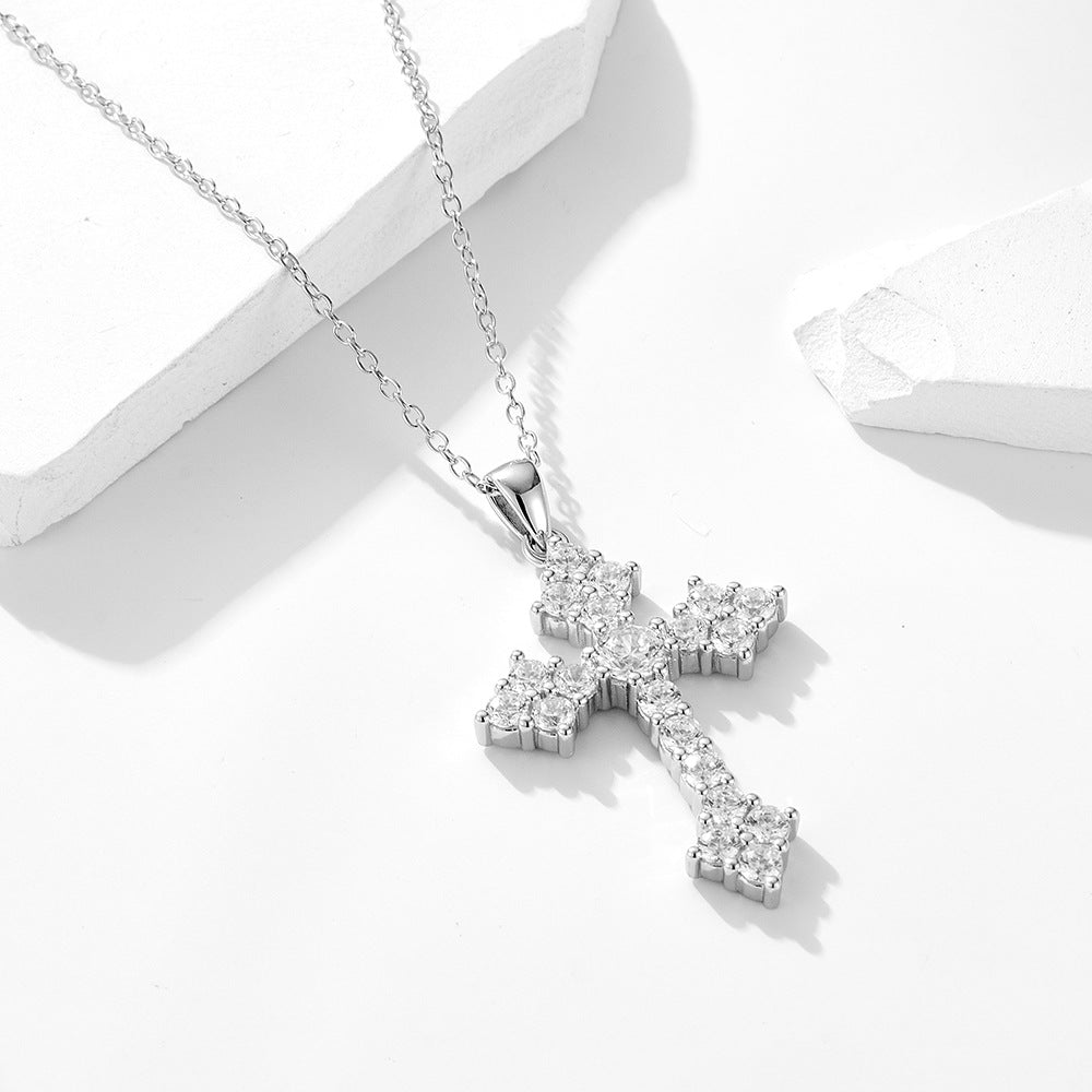 "Sanctira" - Kreuz-Halskette mit mikrogefasstem weißen Zirkonia-Kreuz aus 925er Sterlingsilber