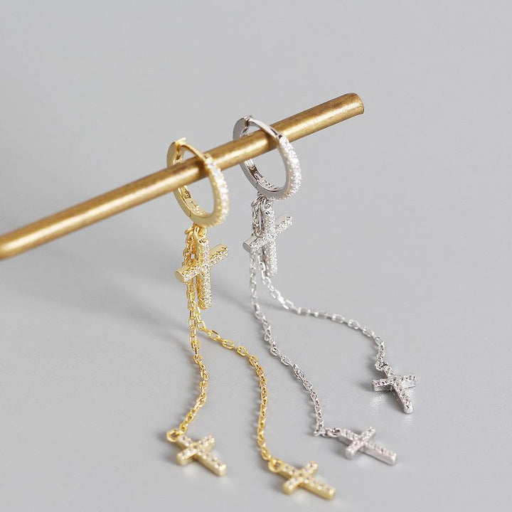 "Zveria" - Damen-Creolen – Zirkonia-Kreuz mit Tasseln, 925 Sterling Silber, vergoldet