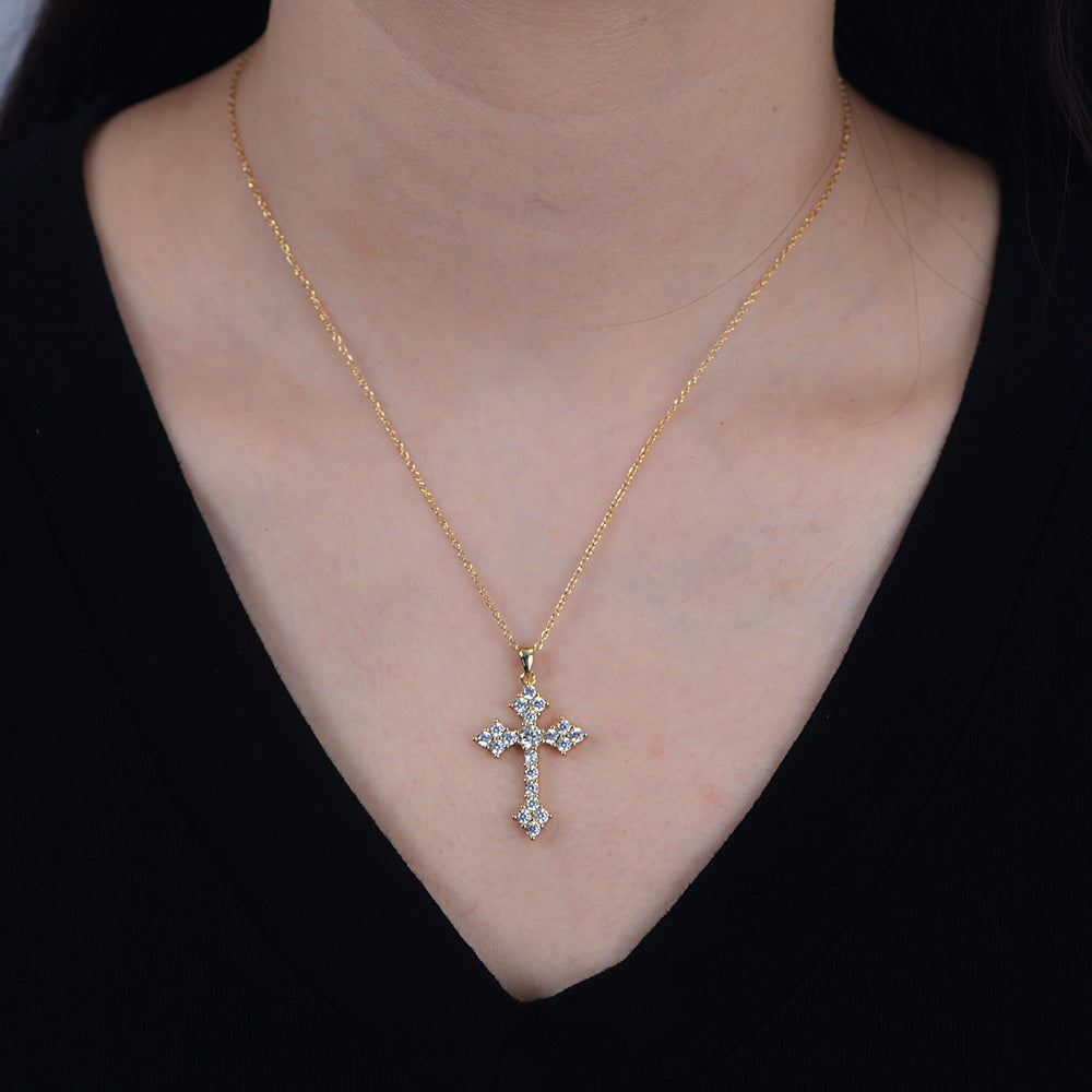 "Sanctira" - Kreuz-Halskette mit mikrogefasstem weißen Zirkonia-Kreuz aus 925er Sterlingsilber