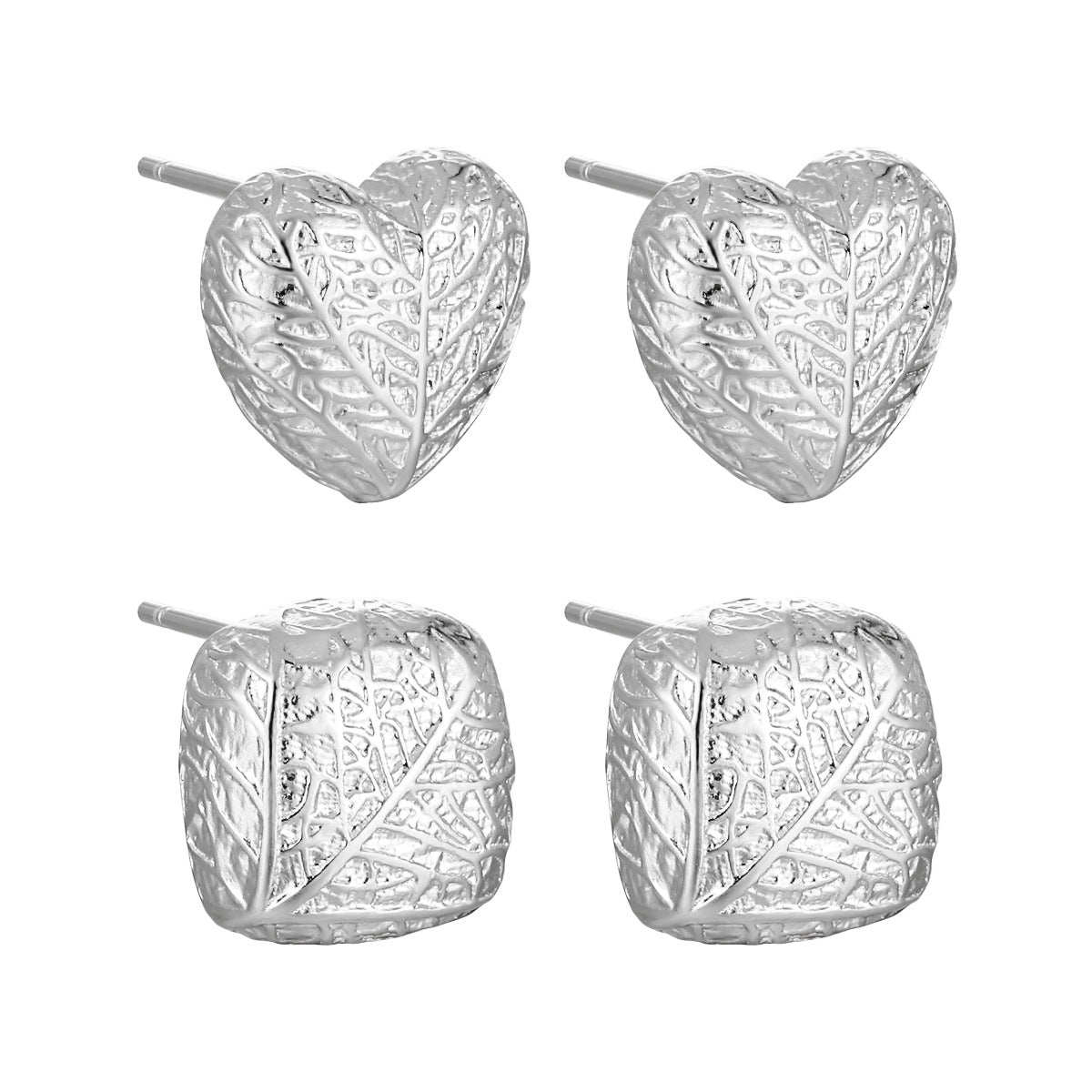 „Mirela“ – Ohrstecker in Herz- und Quadrat-Form mit Blattstruktur aus 925er Sterlingsilber