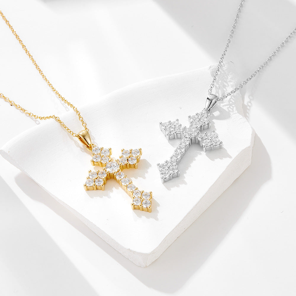 "Sanctira" - Kreuz-Halskette mit mikrogefasstem weißen Zirkonia-Kreuz aus 925er Sterlingsilber