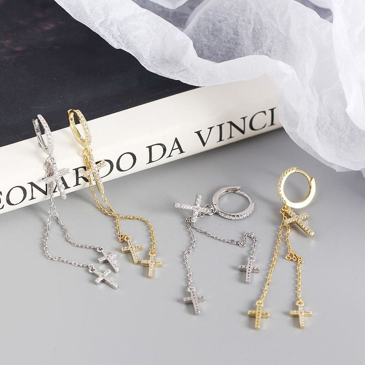 "Zveria" - Damen-Creolen – Zirkonia-Kreuz mit Tasseln, 925 Sterling Silber, vergoldet