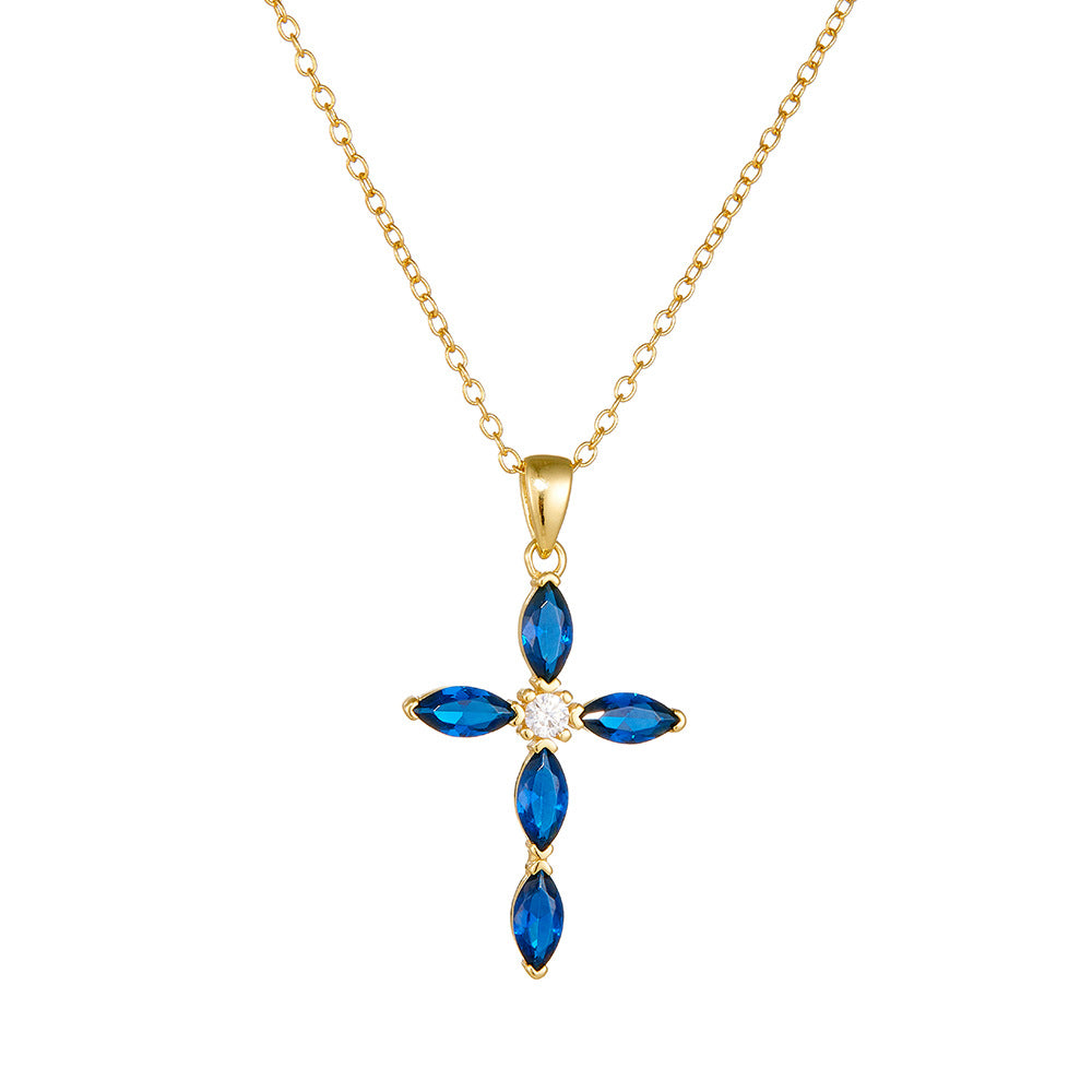 "Sacrelia" - Kreuz-Halskette mit blauem ovalem Kreuz aus Zirkonia, 925er Sterlingsilber