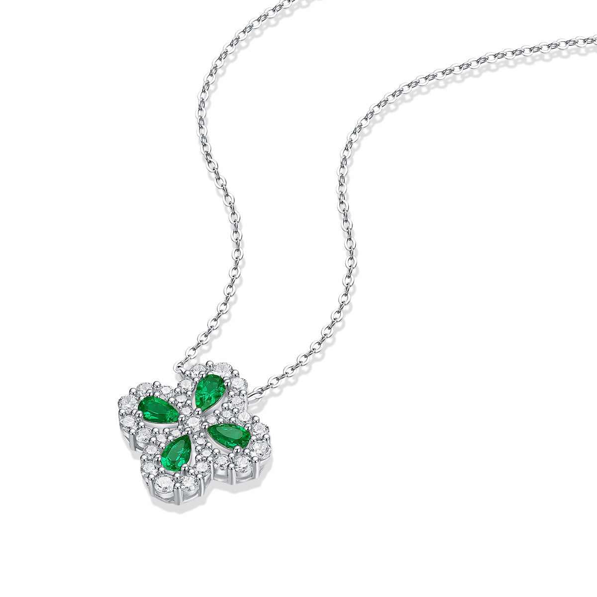 "Emeralya" - Halskette mit Zirkonia und synthetischem Smaragd in Blumenform – 925er Sterlingsilber