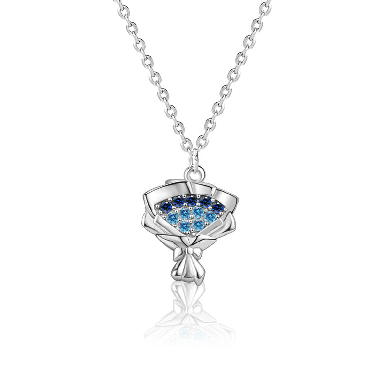 "Azuralis" - Damen Halskette mit blauem Zirkonia-Rosenblumenstrauß aus 925er Sterlingsilber