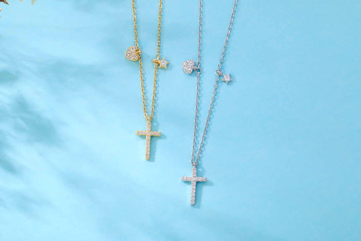 "Trivorya" - Elegante Halskette mit Kreuz, Herz und Stern aus 925er Sterlingsilber mit Zirkonia