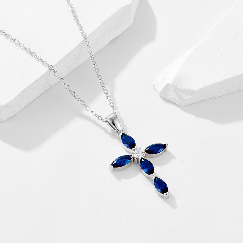 "Sacrelia" - Kreuz-Halskette mit blauem ovalem Kreuz aus Zirkonia, 925er Sterlingsilber