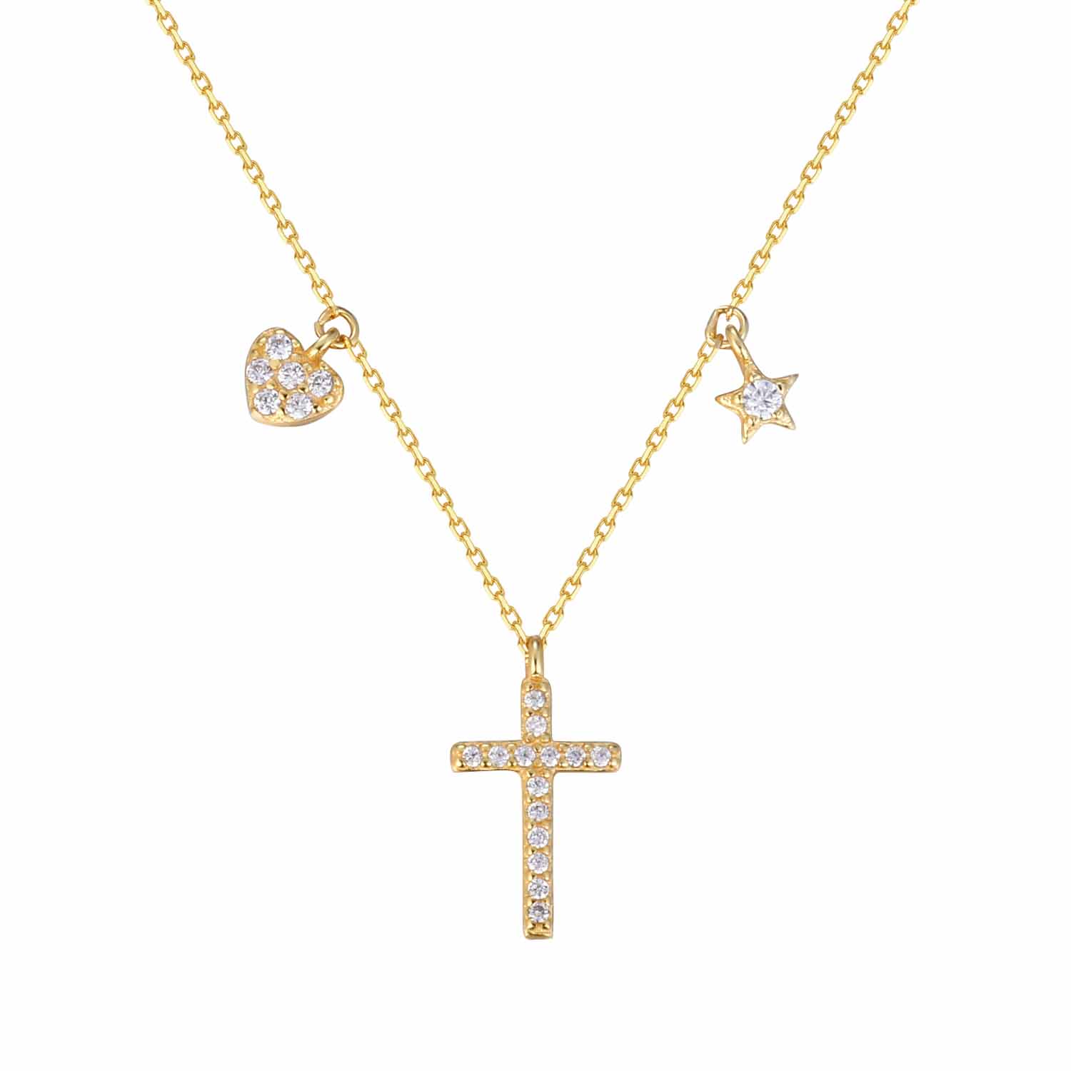 "Trivorya" - Elegante Halskette mit Kreuz, Herz und Stern aus 925er Sterlingsilber mit Zirkonia