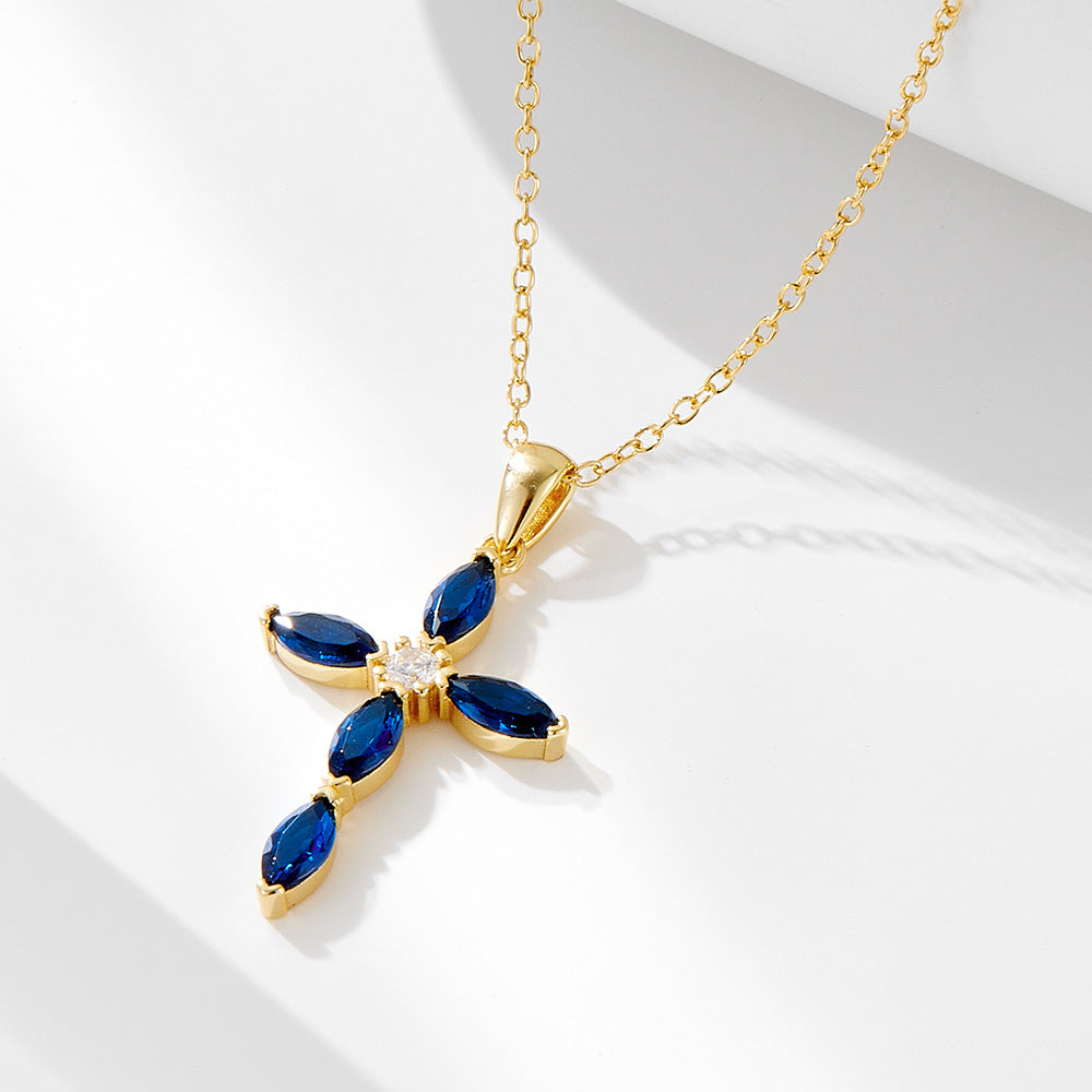 "Sacrelia" - Kreuz-Halskette mit blauem ovalem Kreuz aus Zirkonia, 925er Sterlingsilber