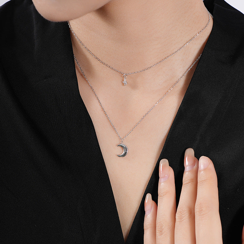"Veliora" - Zweireihige Halskette aus 925er Sterlingsilber mit Zirkonia-Halbmond und Stern