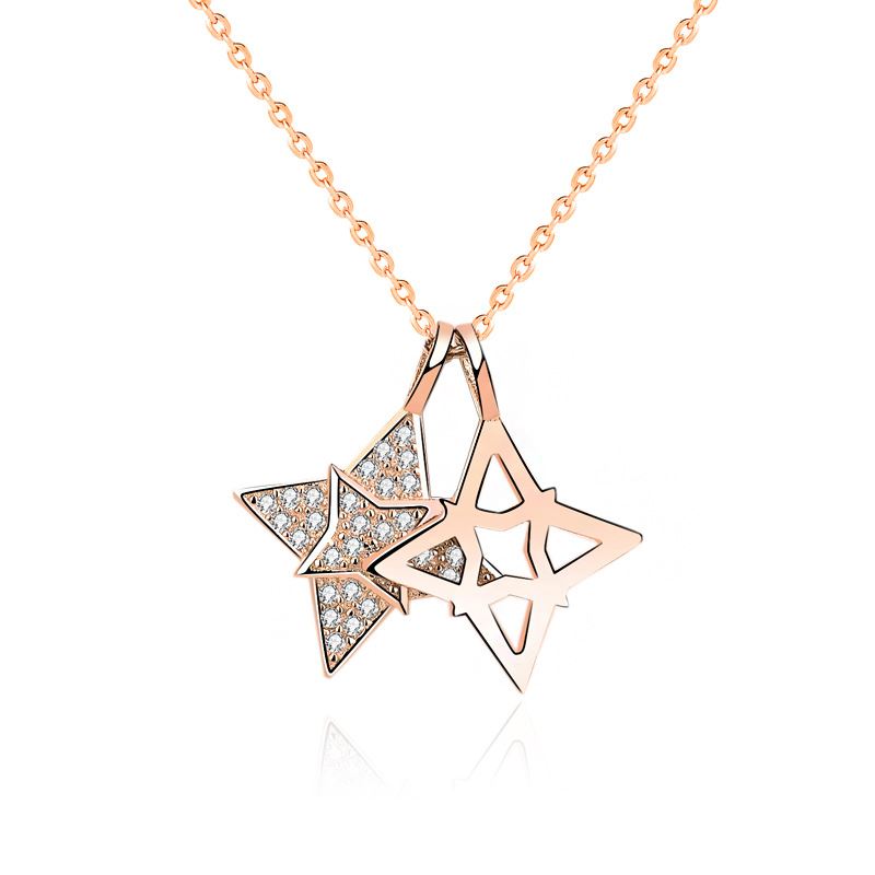 "Aureblossom" - Moderne Halskette aus 925er Sterlingsilber mit hohlem vierkantigem Stern und Zirkonia