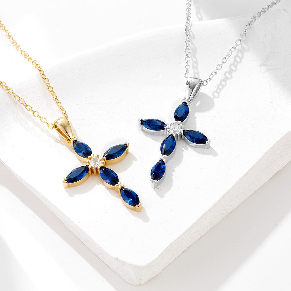 "Sacrelia" - Kreuz-Halskette mit blauem ovalem Kreuz aus Zirkonia, 925er Sterlingsilber