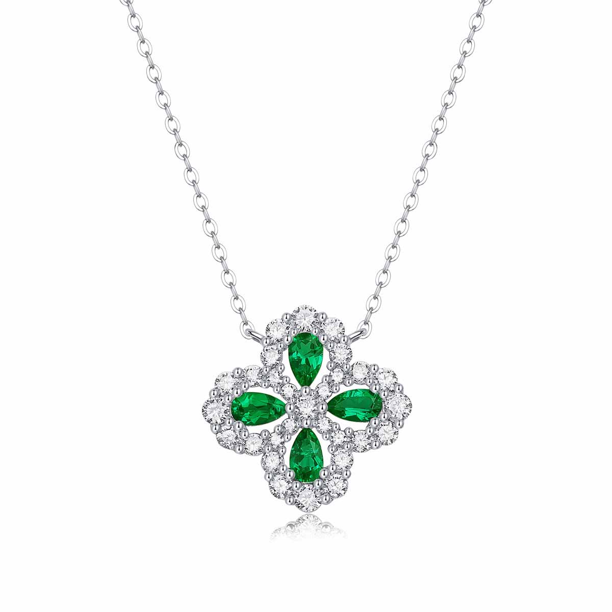 "Emeralya" - Halskette mit Zirkonia und synthetischem Smaragd in Blumenform – 925er Sterlingsilber